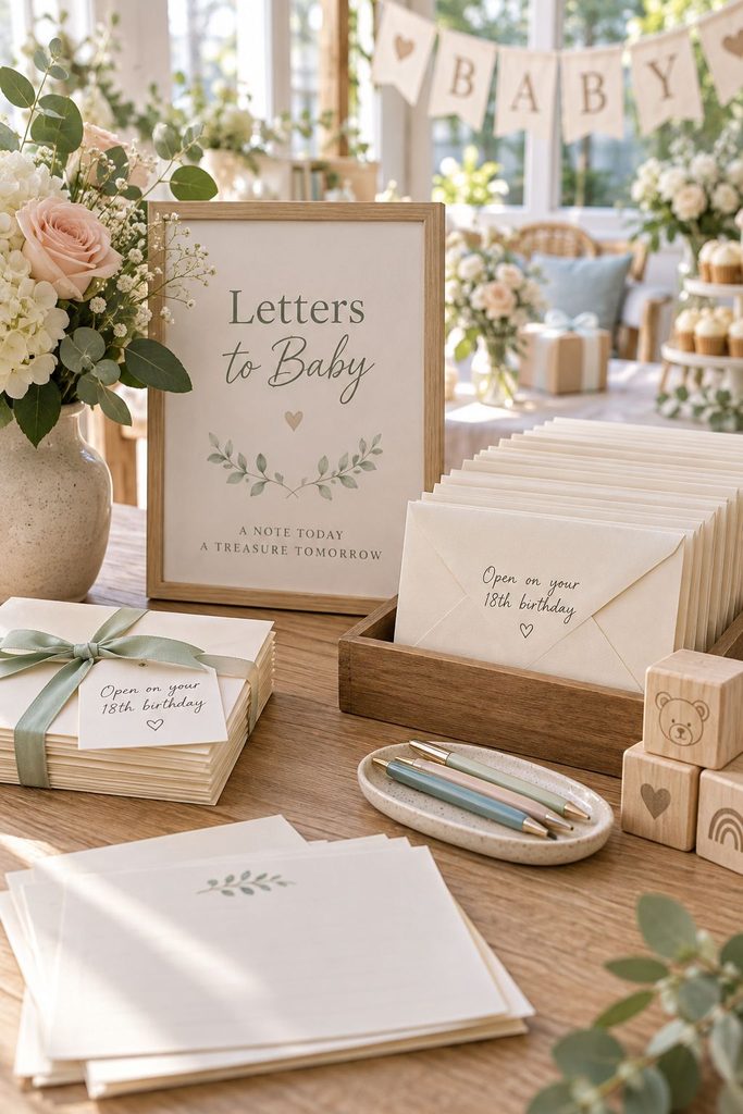 Blank advice cards and stamped envelopes for a virtual baby shower, laid out next to a cup of tea