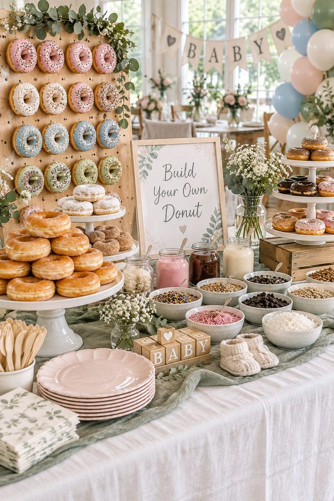 Pastel donut bar at a baby shower with bowls of sprinkles and toppings for guests to decorate their own