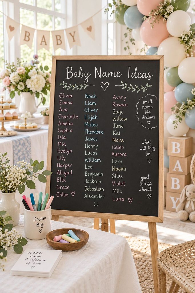 Chalkboard covered in colorful baby name suggestions written by shower guests