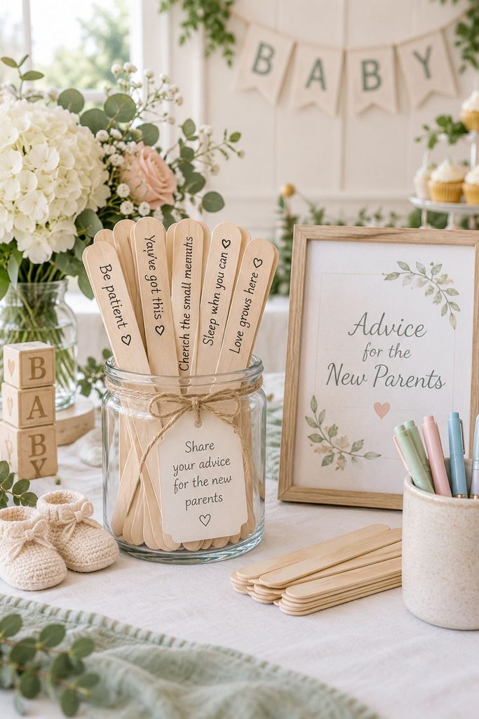 Glass jar of popsicle sticks with handwritten baby advice from shower guests