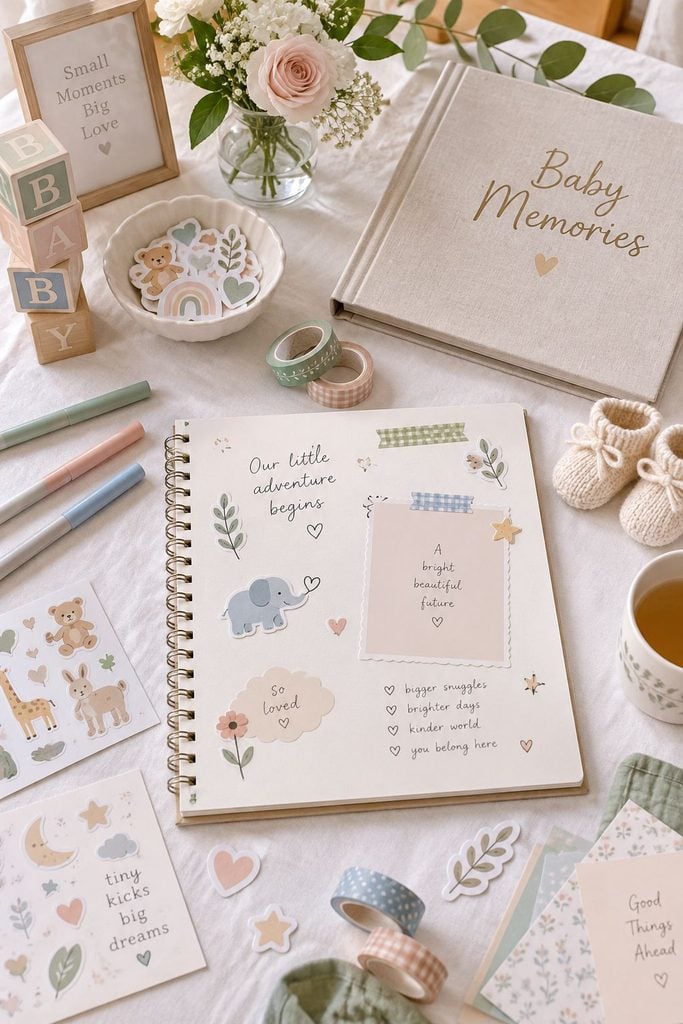 Guests decorating blank scrapbook pages with markers and washi tape for a baby shower memory book