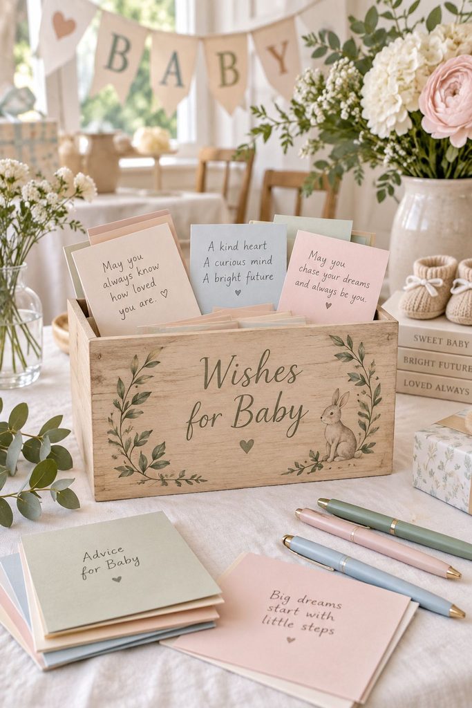 Sealed envelopes with letters to baby from shower guests, tied with twine