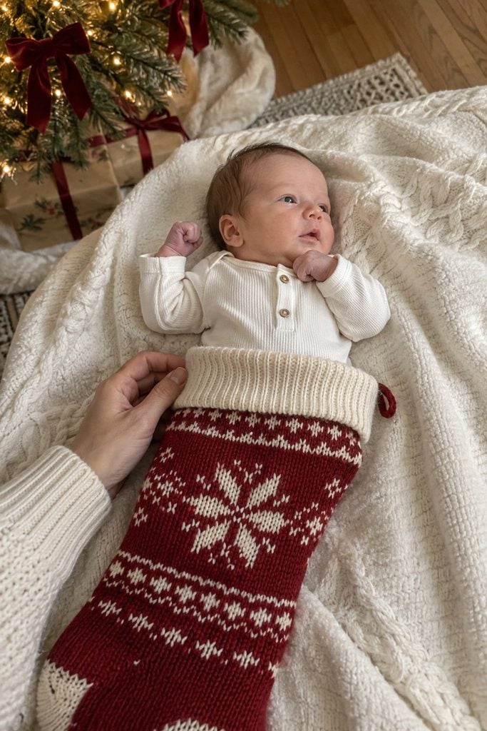 Baby's first Christmas photo idea: baby snuggled inside an oversized Christmas stocking