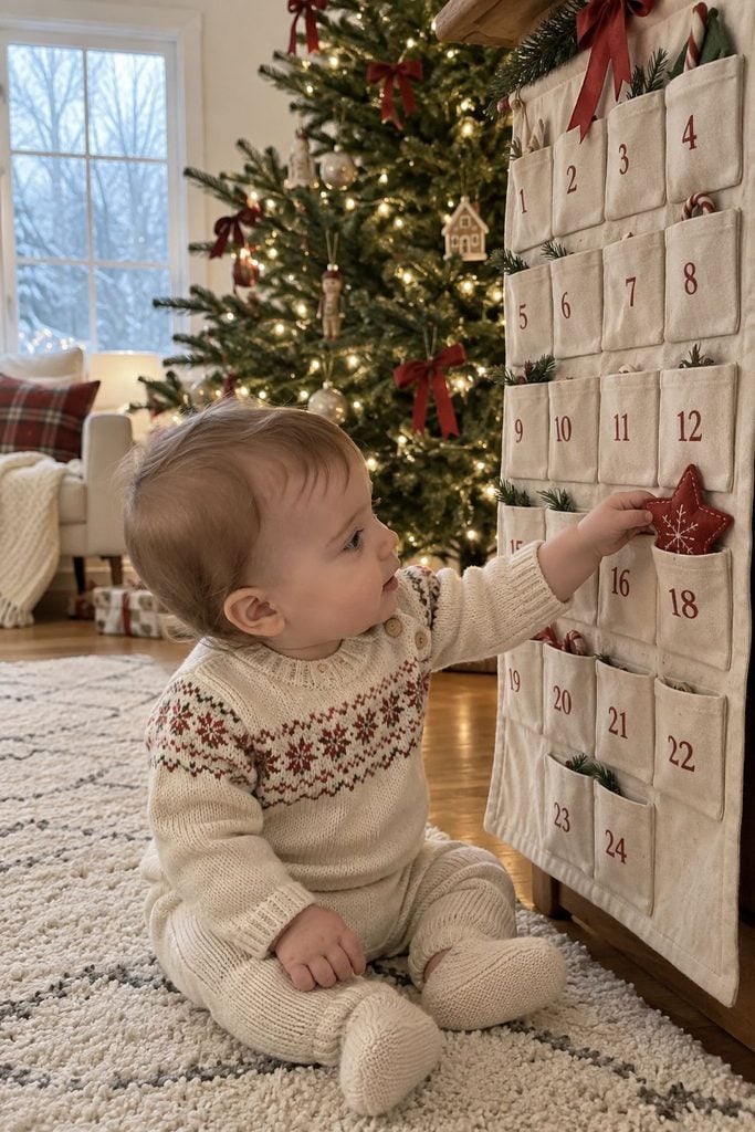 Baby's first Christmas photo of baby reaching for an advent calendar door