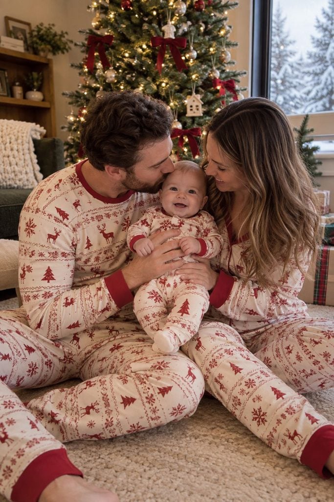 Baby's first Christmas photo of a family in matching Christmas pajamas holding baby