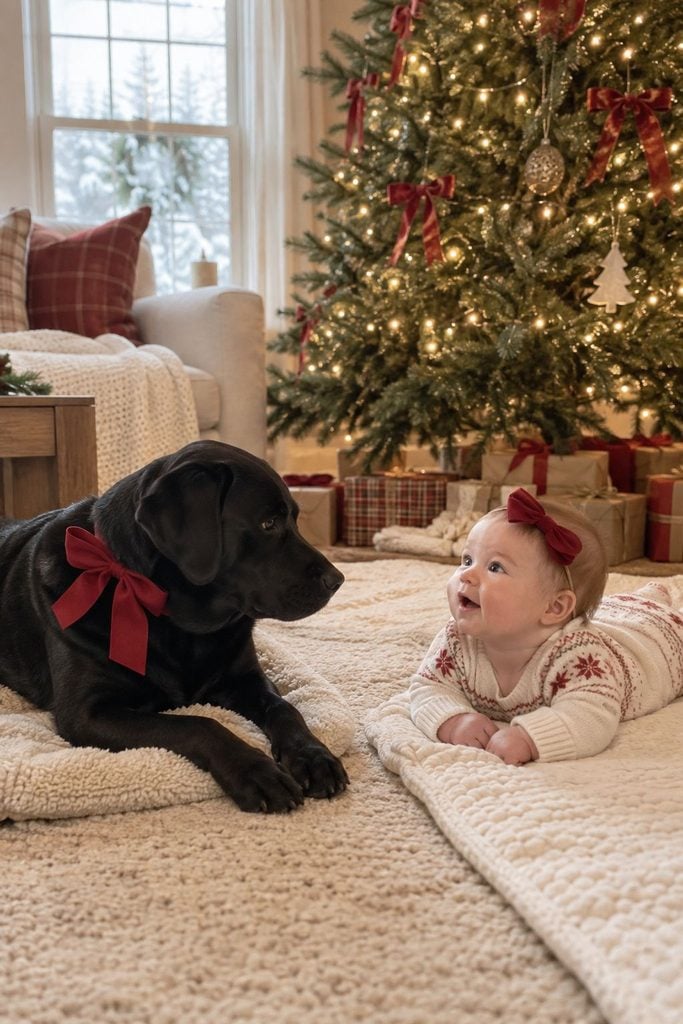 Baby's first Christmas photo of baby resting beside the family dog in a Santa bandana