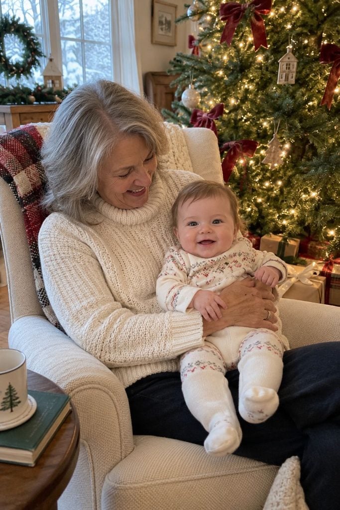 Baby's first Christmas photo of a grandparent holding baby on their lap by the tree