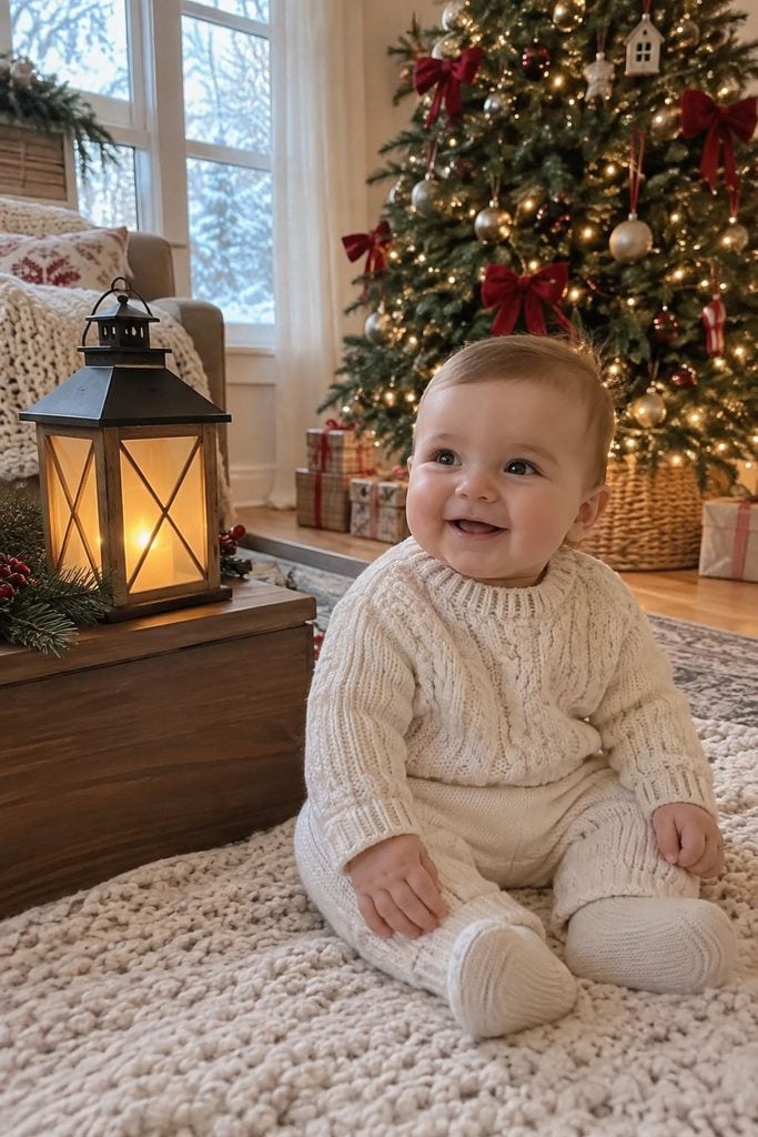 Baby's first Christmas photo of baby with softly glowing flameless lanterns