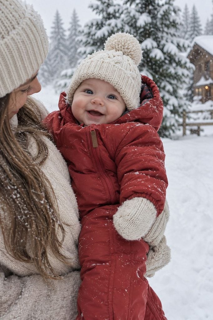 Baby's first Christmas photo of baby in a white knit bunting outdoors in the snow