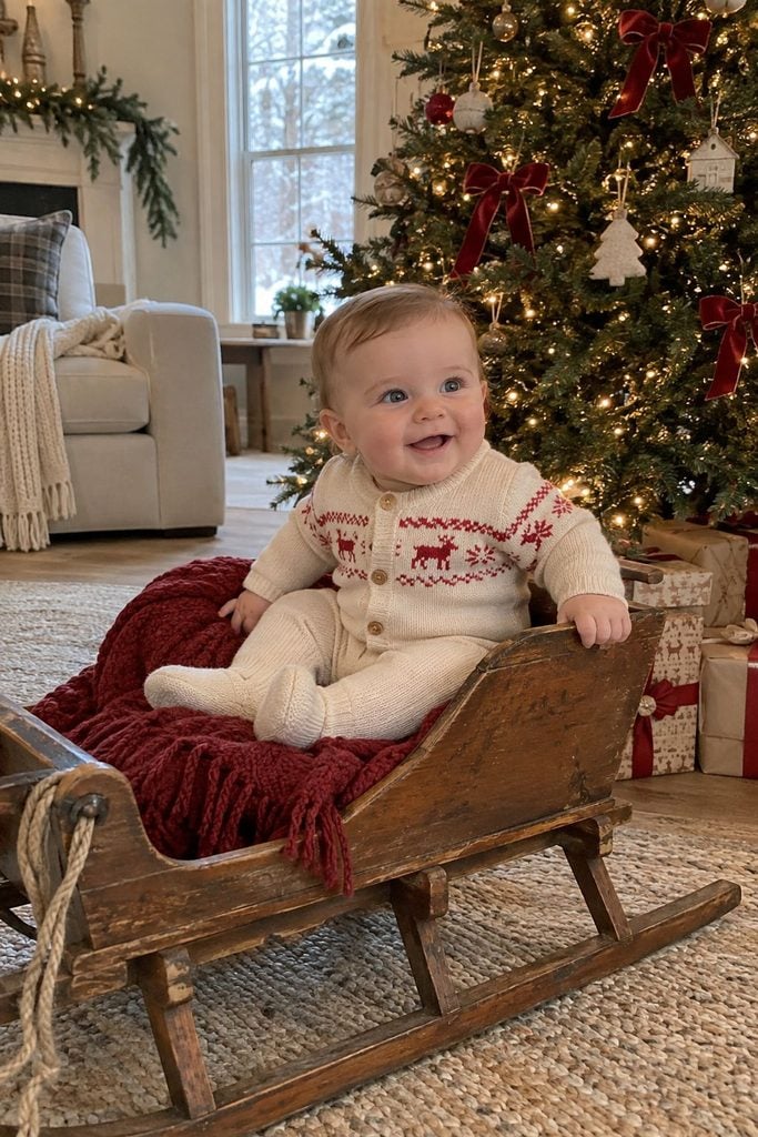 Baby's first Christmas photo of baby seated in a vintage-style wooden sled