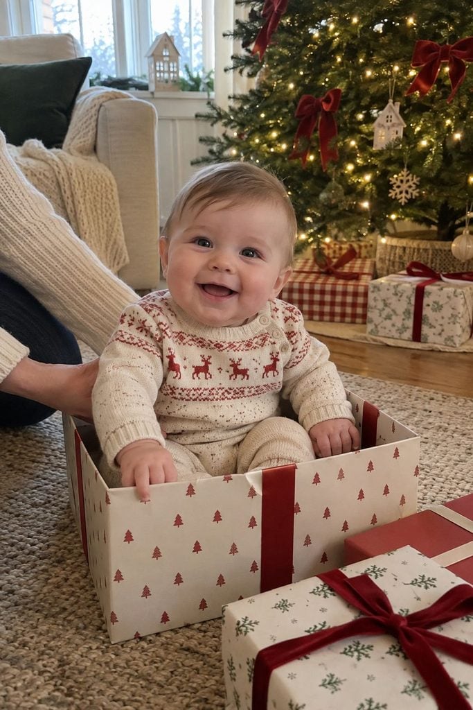 Baby's first Christmas photo of baby sitting inside a gift box with tissue paper