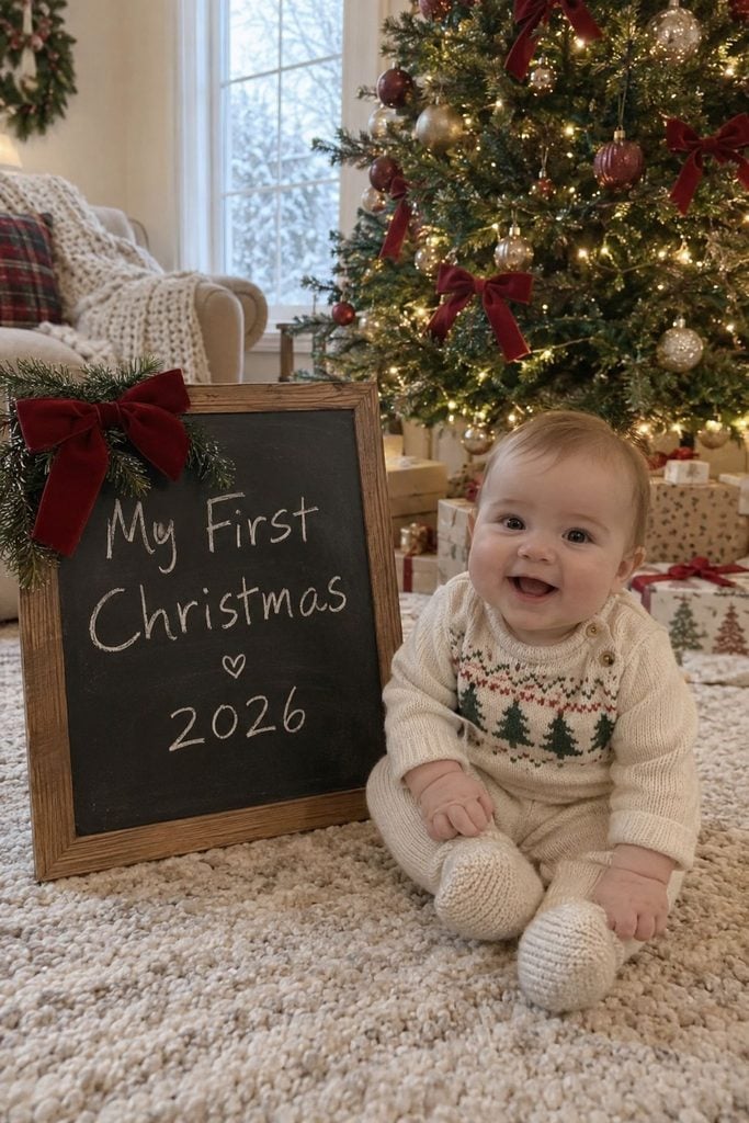Baby's first Christmas photo of baby beside a chalkboard sign with milestone details