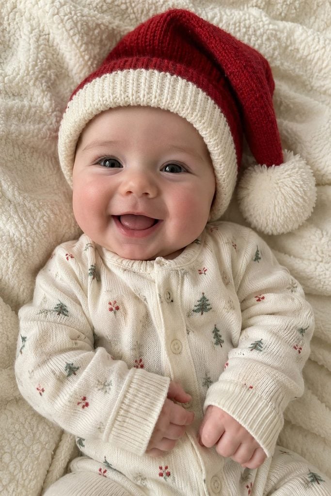 Baby's first Christmas photo of baby wearing a soft knit Santa hat