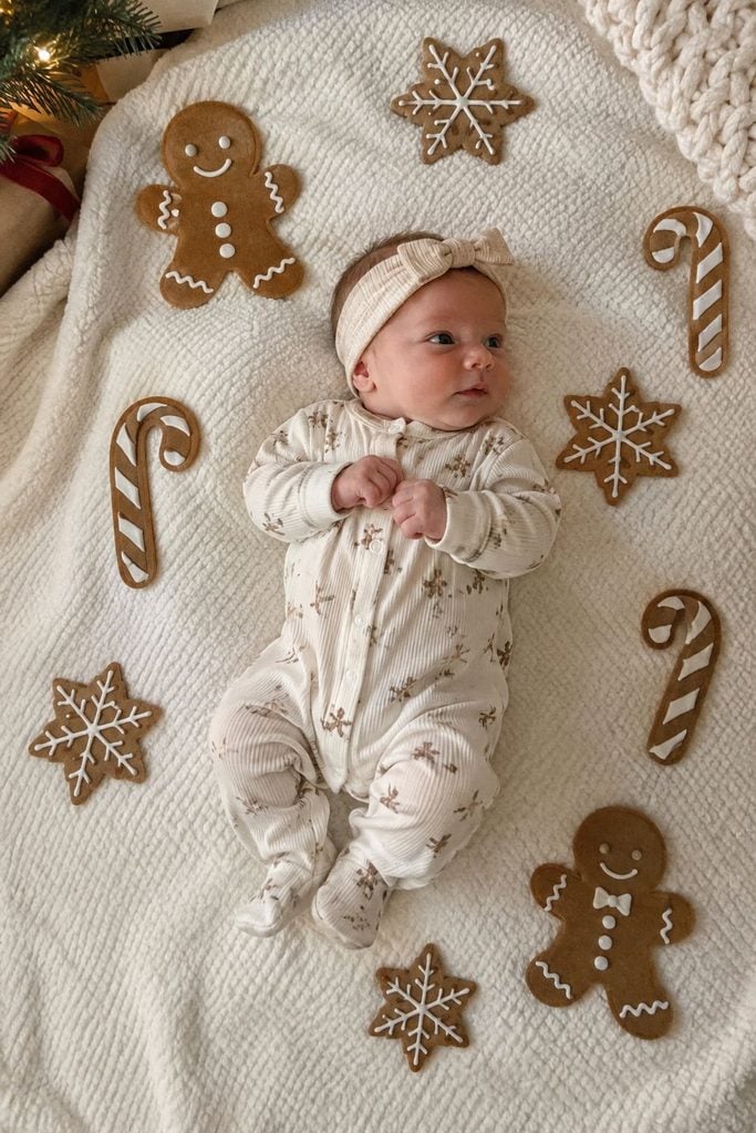 Baby's first Christmas photo idea: baby styled with a gingerbread man cookie illusion