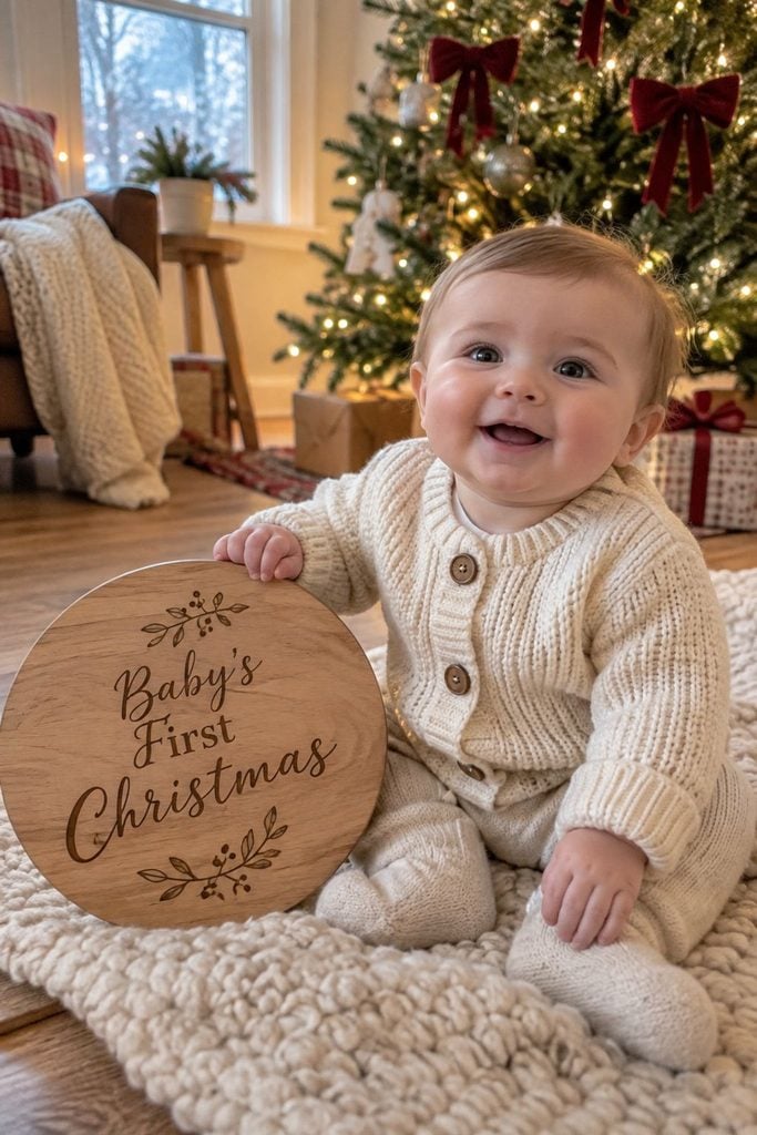 Baby's first Christmas photo of baby beside a wooden Baby's First Christmas sign