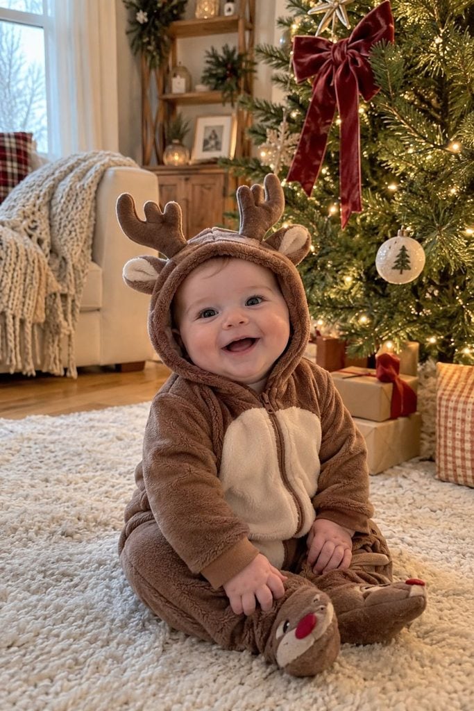 Baby's first Christmas photo of baby in a soft reindeer costume by the tree