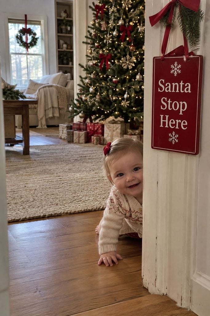 Baby's first Christmas photo of baby peeking around a doorway beside a Santa stop here sign
