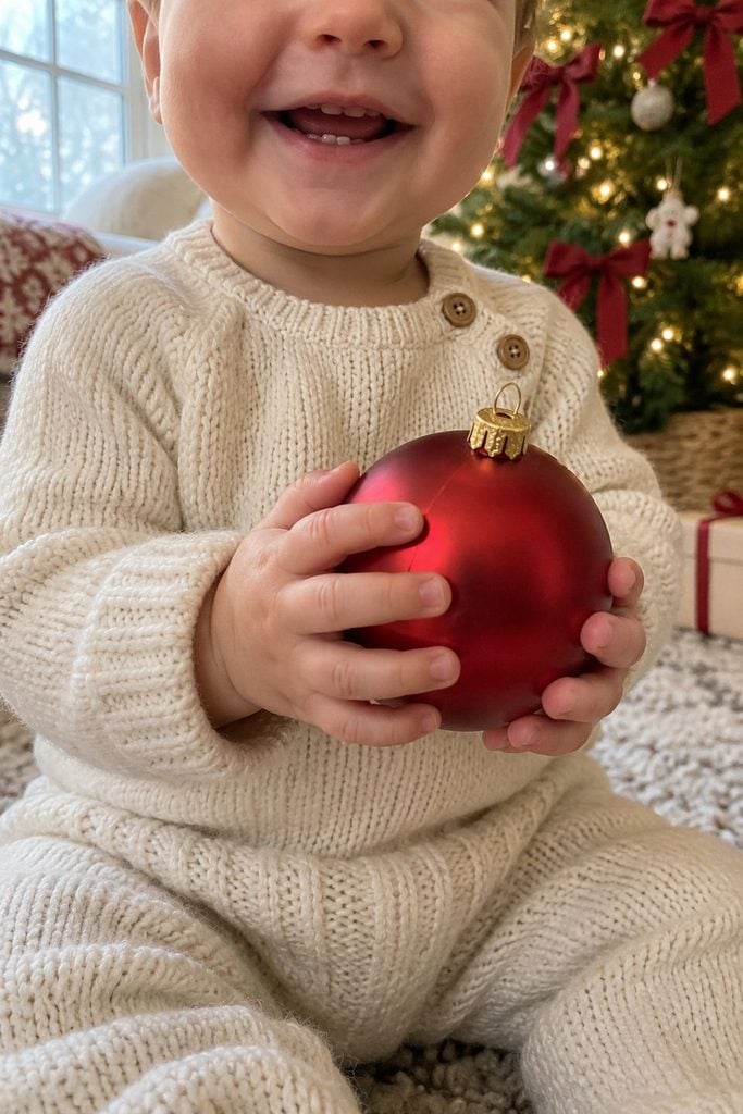 Baby's first Christmas photo close-up of a baby's hand holding an ornament