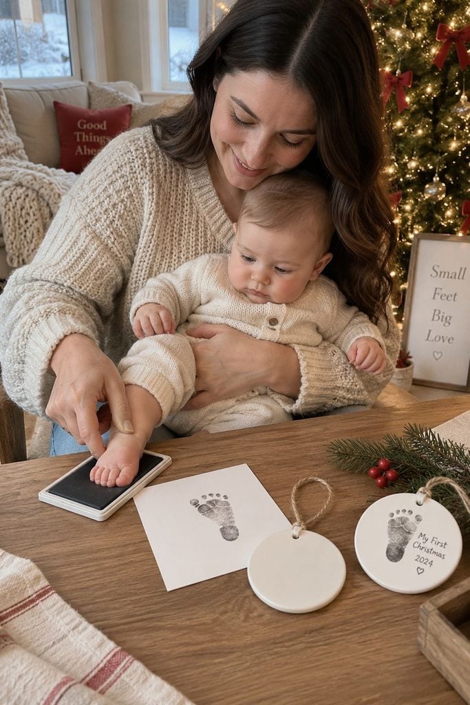 Baby's first Christmas photo of a baby's footprint stamped on a keepsake ornament