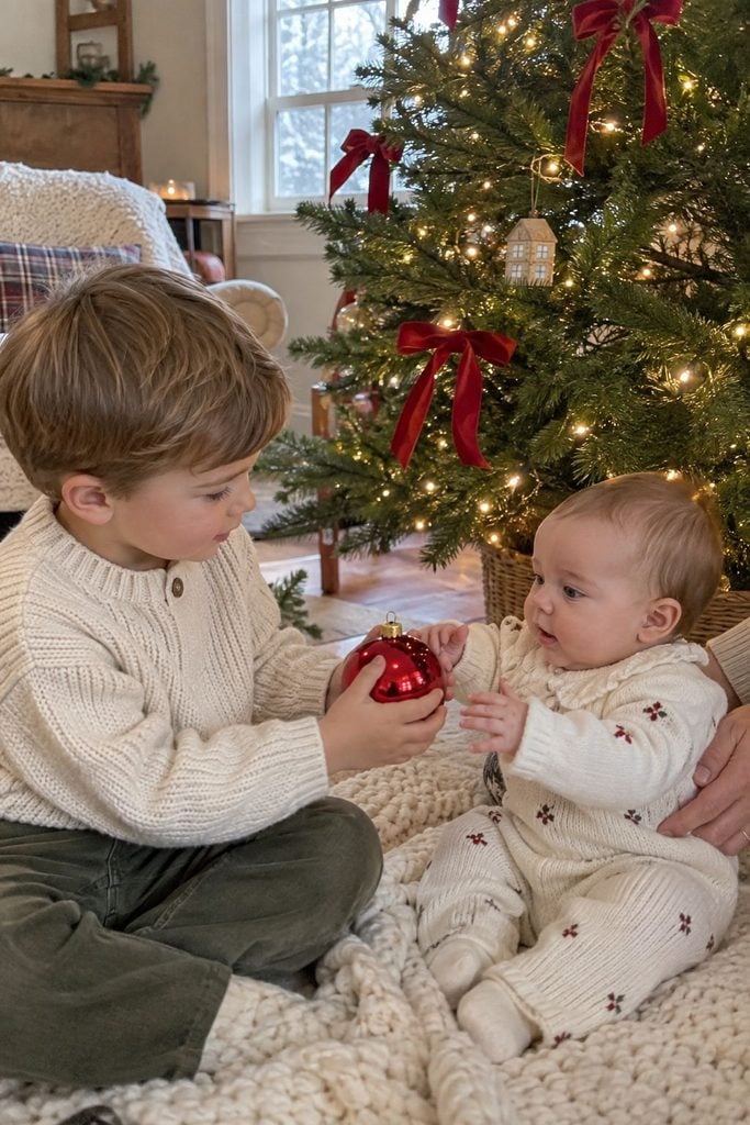 Baby's first Christmas photo of an older sibling handing baby an ornament