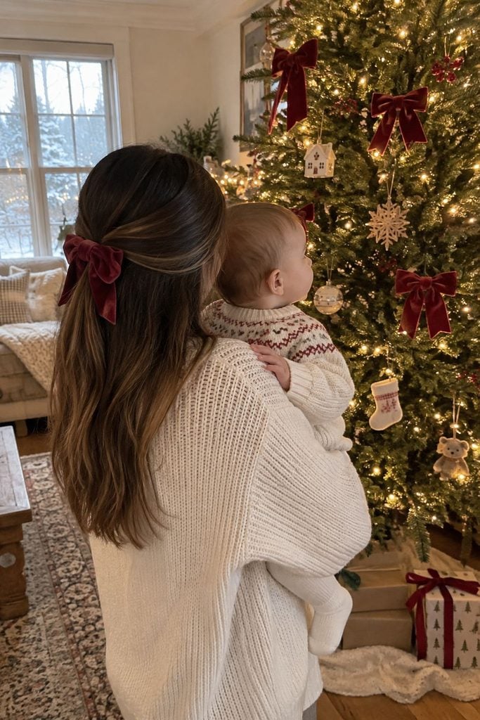 Baby's first Christmas photo of mom holding baby facing the glowing Christmas tree