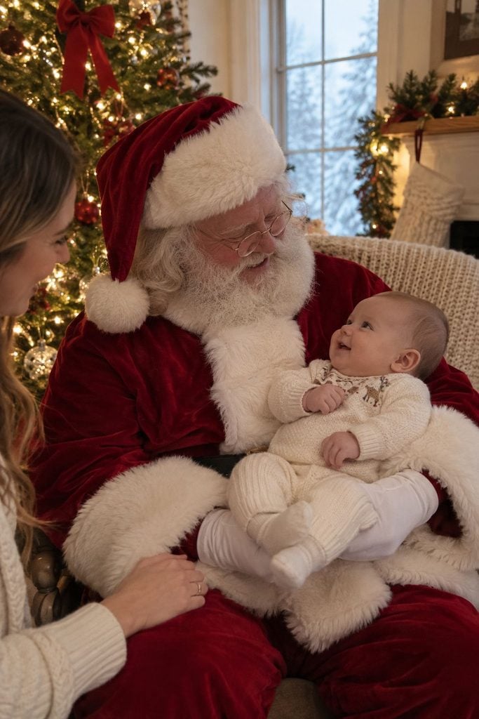 Baby's first Christmas photo of baby in a red outfit on Santa's lap