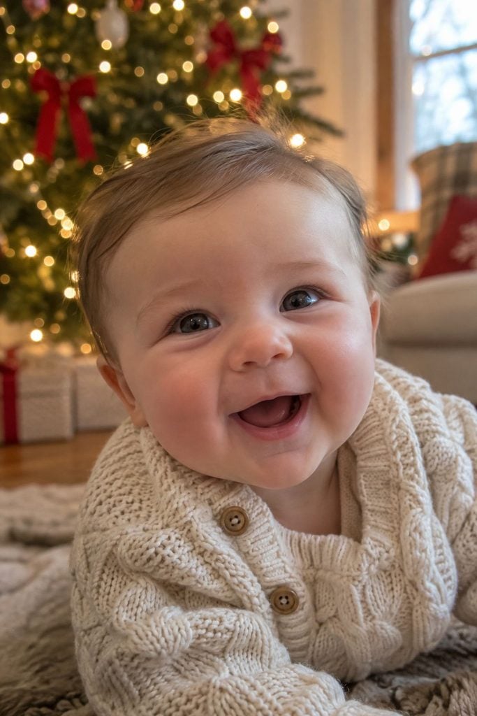 Baby's first Christmas photo with string lights softly blurred behind baby's face