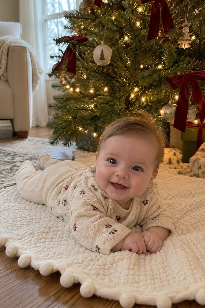 Baby's first Christmas photo of baby lying on a tree skirt with blurred tree lights