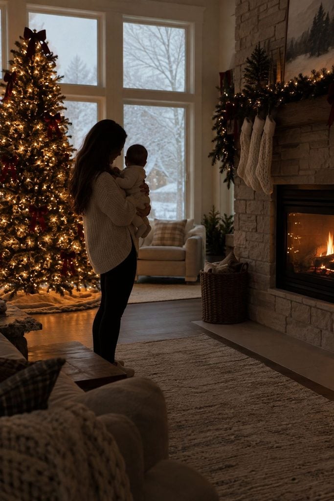 Baby's first Christmas photo silhouette of parent and baby in front of a fireplace