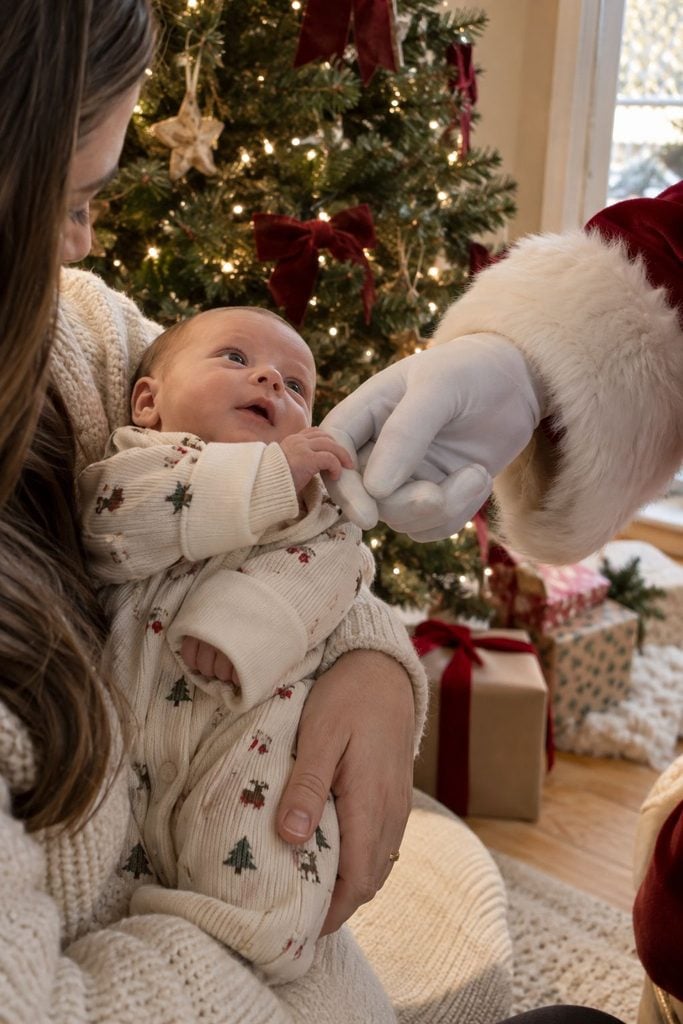 Baby's first Christmas photo of a Santa-style sleeve holding a swaddled newborn