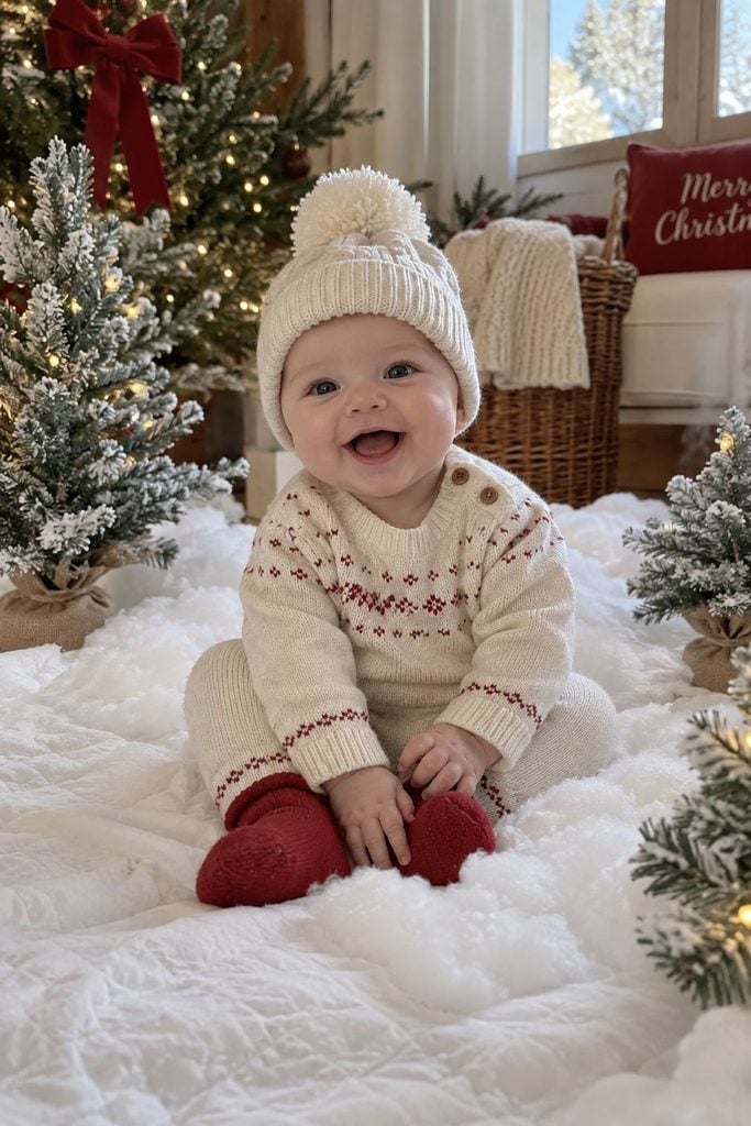 Baby's first Christmas photo of baby on a white faux snow blanket with pine branches