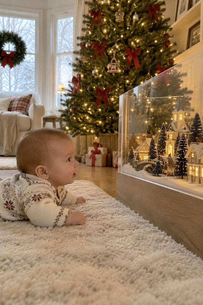 Baby's first Christmas photo of baby on tummy behind a mini Christmas village