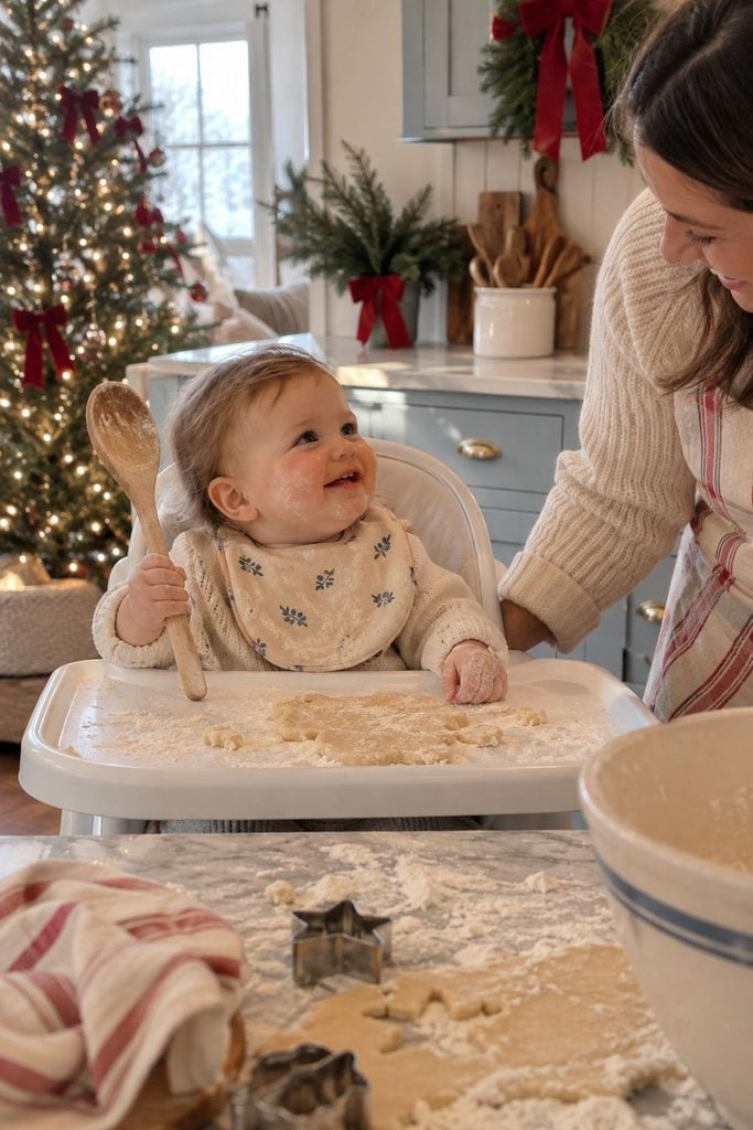 Baby's first Christmas photo of baby in a high chair covered in flour and frosting