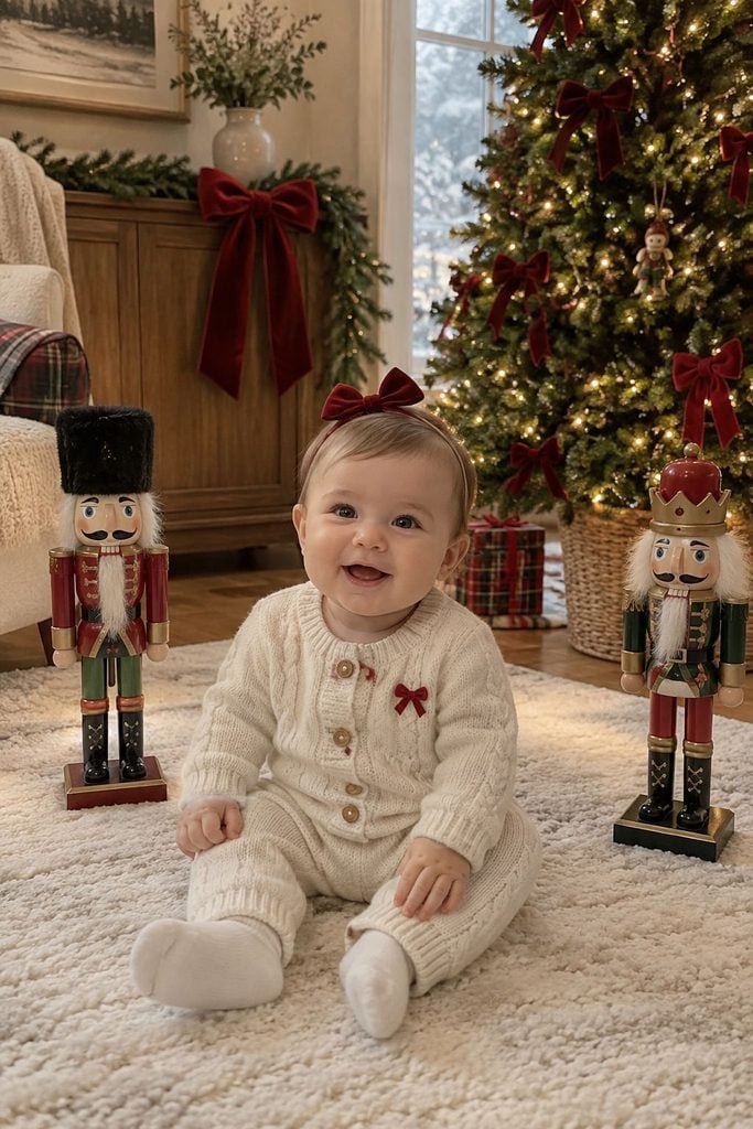 Baby's first Christmas photo of baby dressed as a nutcracker beside a nutcracker figure