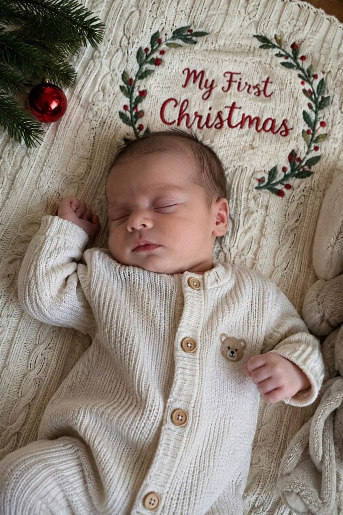 Baby's first Christmas photo of a newborn on a cream knit milestone blanket
