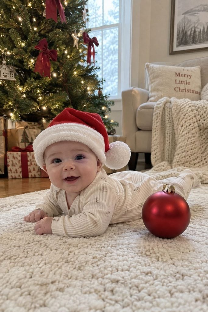 Baby's first Christmas photo with a red ornament held beside baby's bottom on a knit blanket