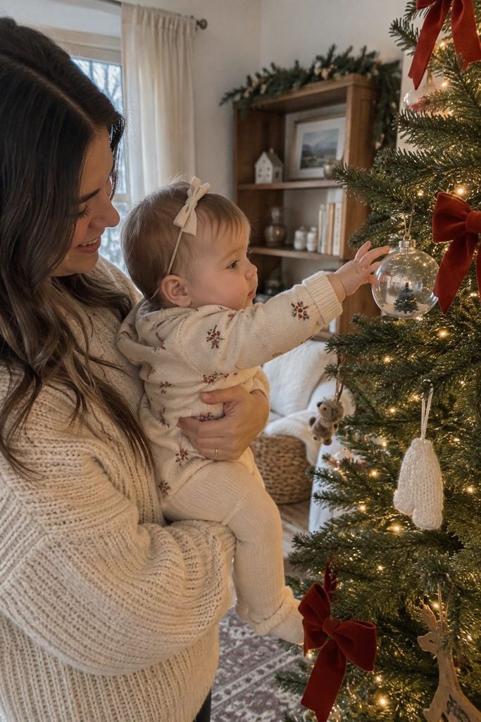 Baby's first Christmas photo of a parent holding baby up to hang an ornament on the tree