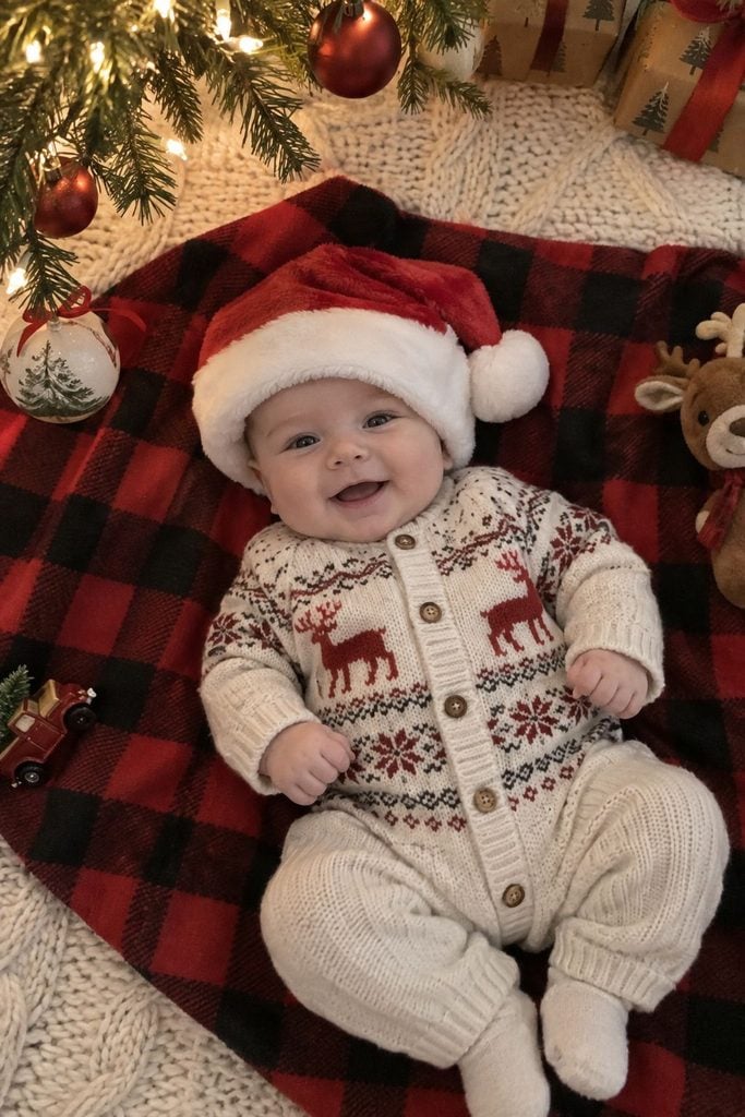 Baby's first Christmas photo of baby in plaid pajamas on a buffalo plaid flat lay