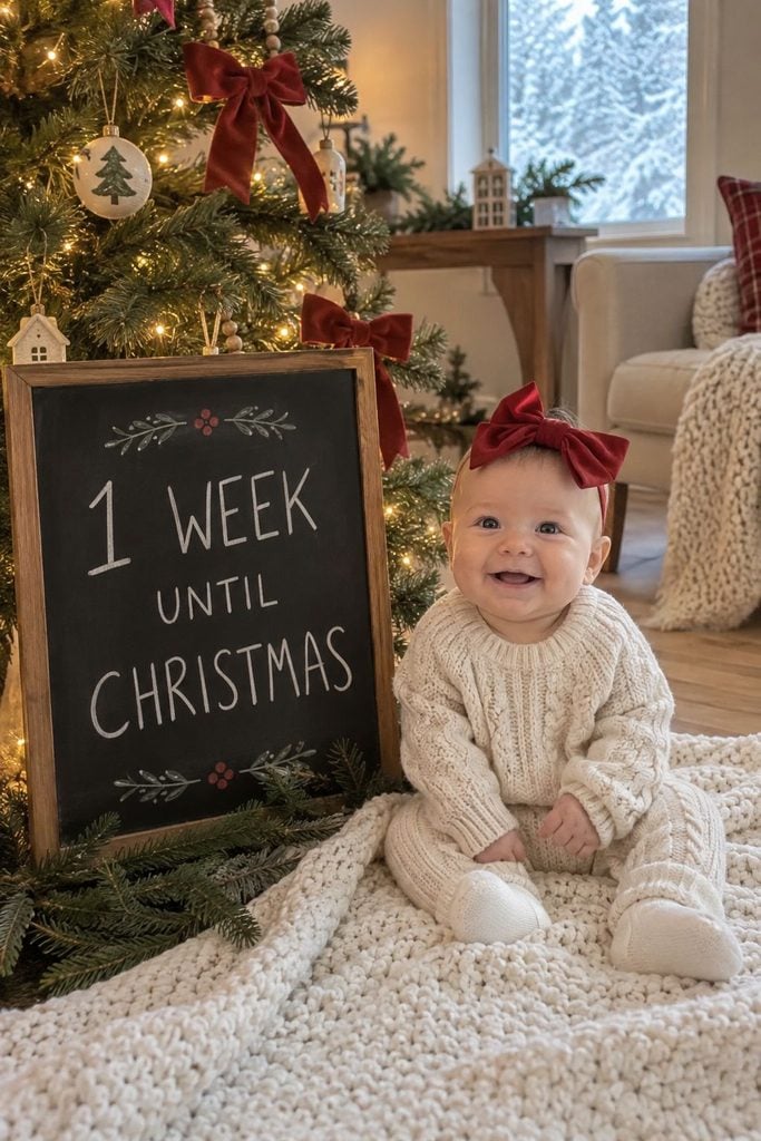 Baby's first Christmas photo series with a weekly chalkboard countdown to Christmas