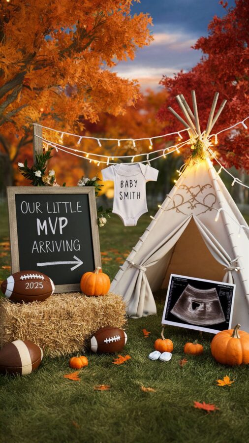 Outdoor fall scene with a teepee, string lights, footballs, hay bale, and a chalkboard sign reading Our Little MVP Arriving next to a labeled onesie and ultrasound photo