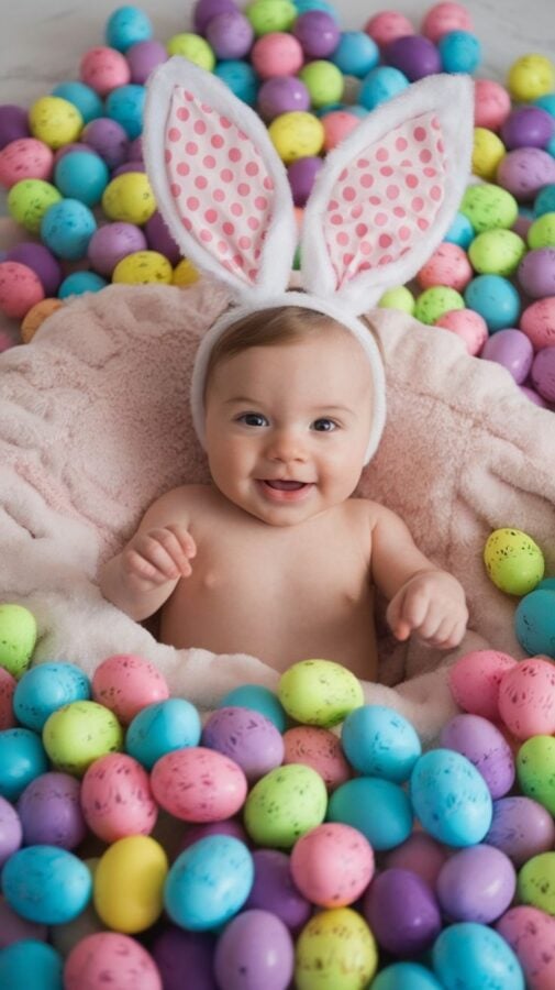 Smiling baby in white bunny ears nestled in a fluffy pink blanket surrounded by hundreds of pastel Easter eggs