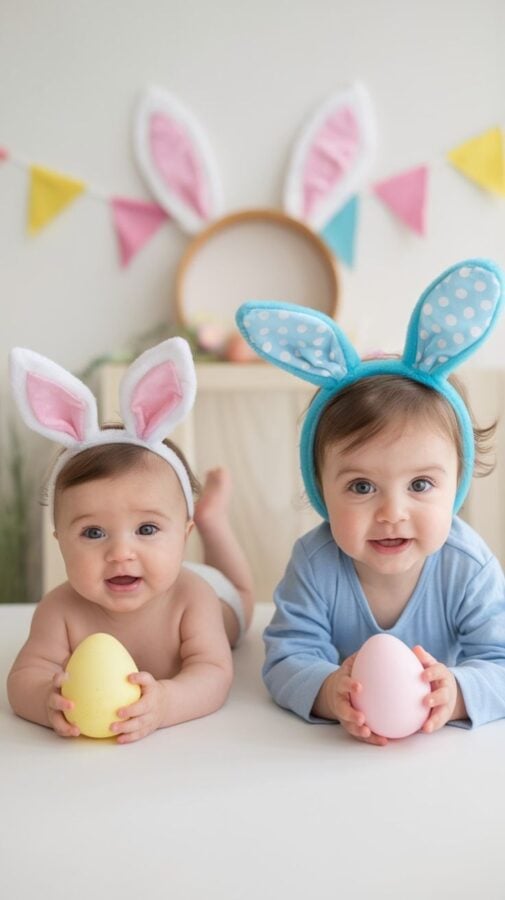 Two babies in different colored bunny ear headbands lying side by side holding pastel Easter eggs