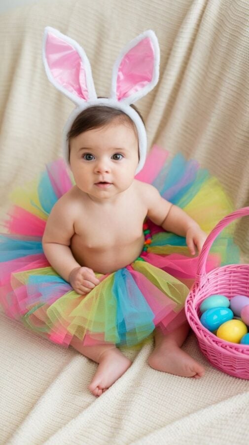Baby sitting in rainbow tulle tutu and white bunny ears next to a basket of Easter eggs