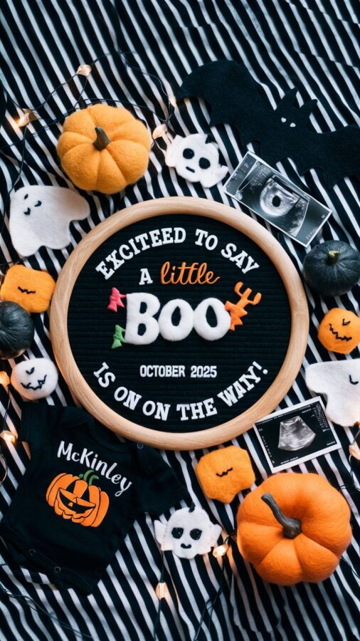 Black and white striped fabric with felt ghosts and pumpkins around a circular letter board reading Excited to say a little boo is on the way, October 2025, next to a black onesie with a jack-o-lantern design