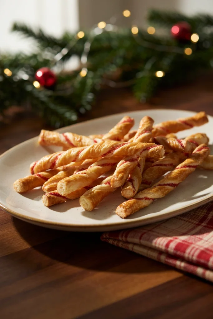 Twisted cheese straws stacked in a striped pattern like candy canes on a plate