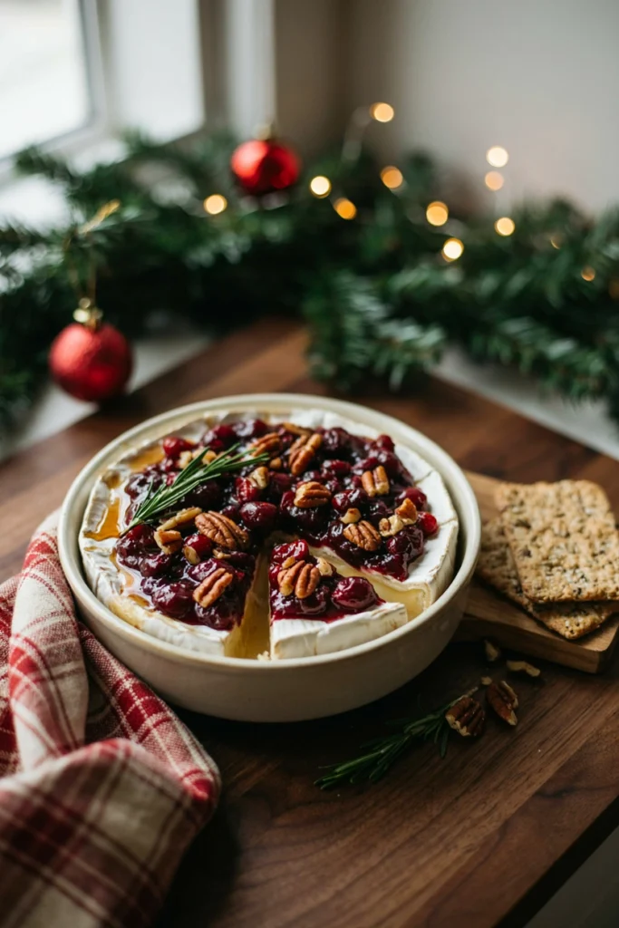A wheel of baked brie oozing at the center, topped with cranberry sauce, pecans, and a rosemary sprig