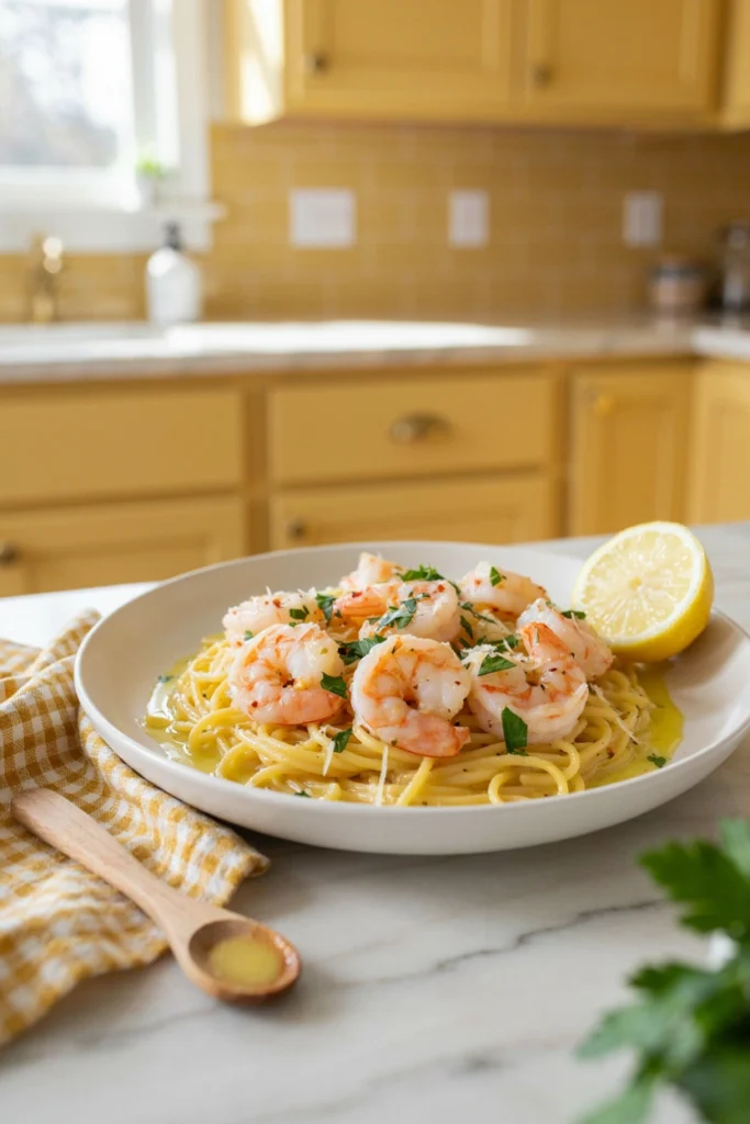 Garlic butter shrimp scampi over linguine
