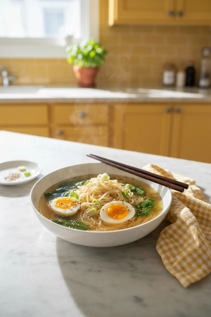 Brothy noodles topped with spinach and a soft egg