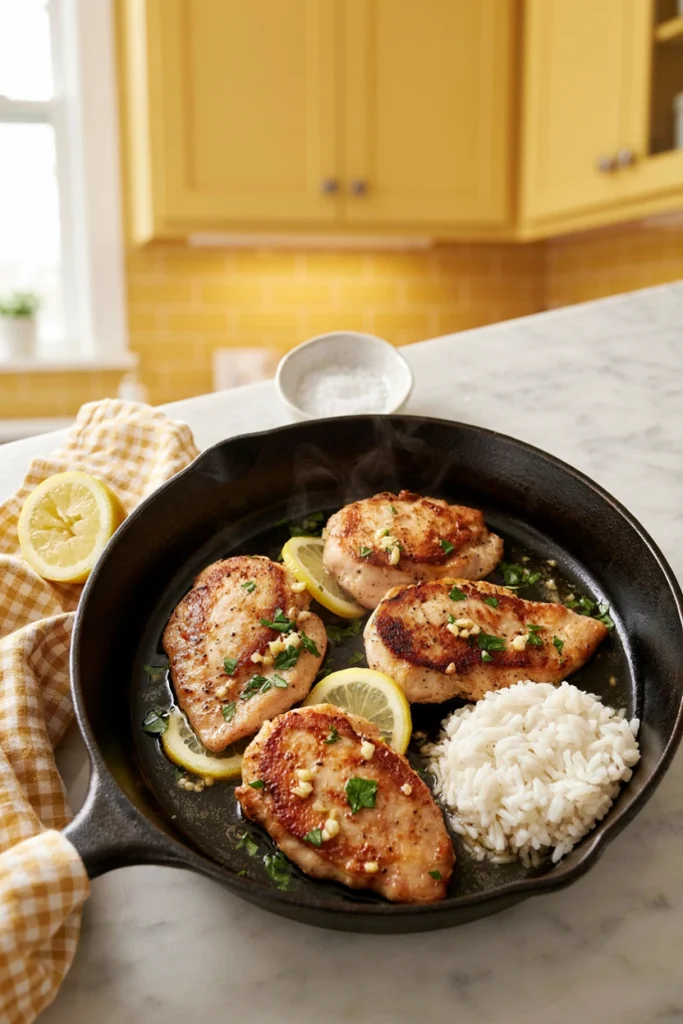 Pan-seared lemon garlic chicken skillet with parsley garnish