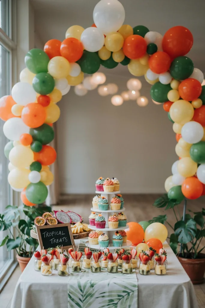 Bright tropical luau first birthday party with palm leaves and pineapple accents in coral and turquoise